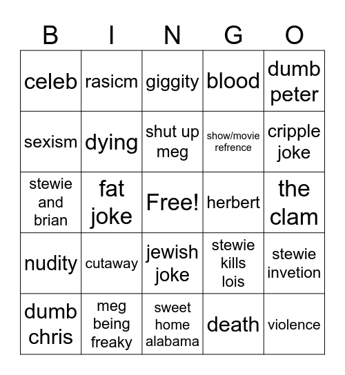 family guy Bingo Card