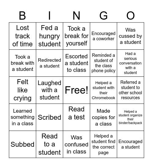 Education assistant bingo Card