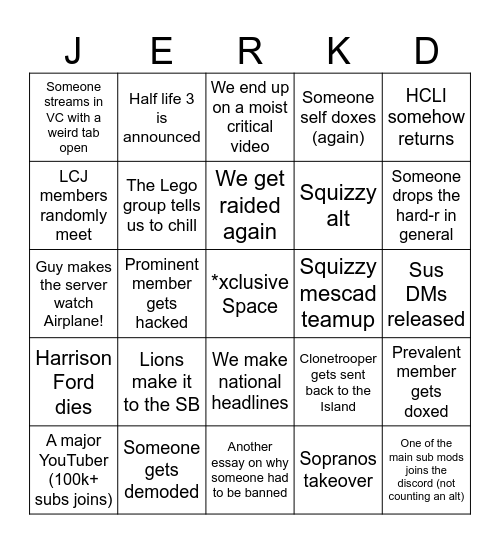 Out Jerkd 2025 Bingo Card