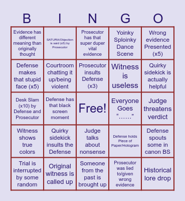 Ace Attorney Bingo Card