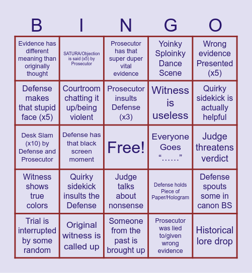 Ace Attorney Bingo Card
