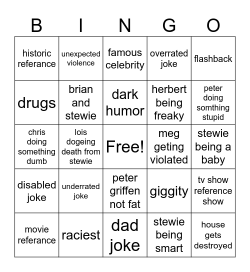 family guy bingo Card