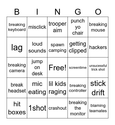 Gamer rage Bingo Card
