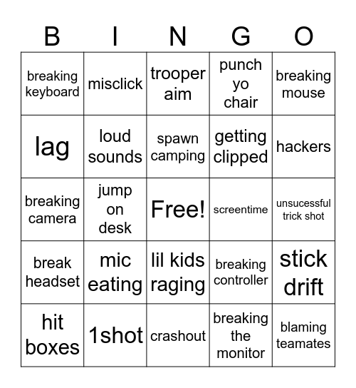 Gamer rage Bingo Card