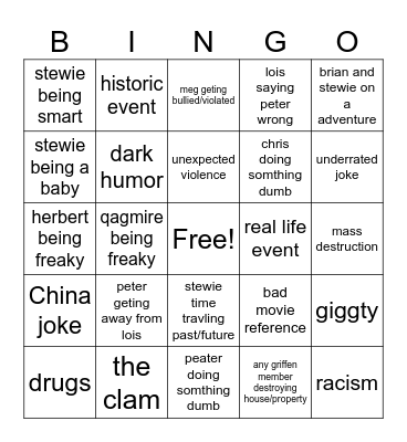 family guy bingo Card
