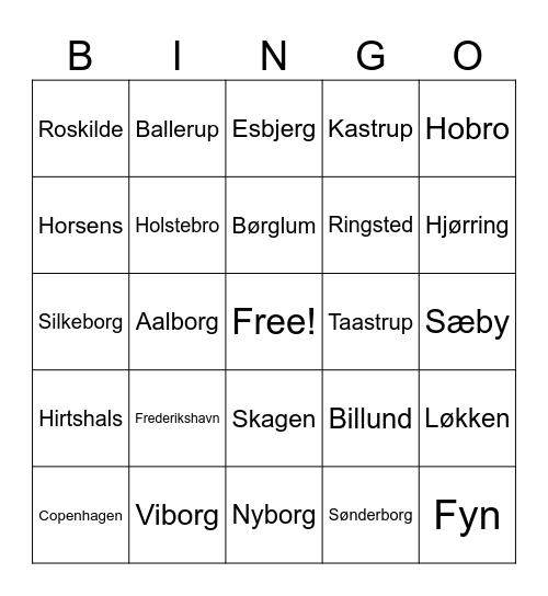 Danish Cities Bingo Card