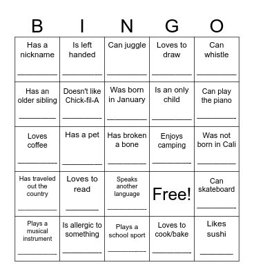 Getting to Know You Bingo Card