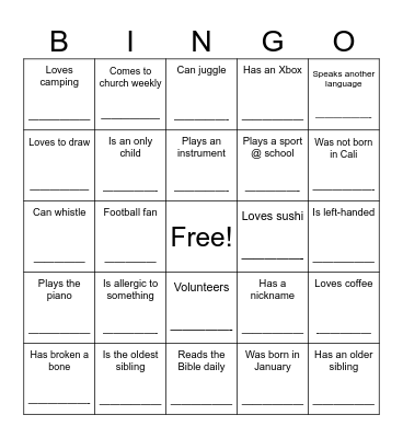 Getting to Know You Bingo Card