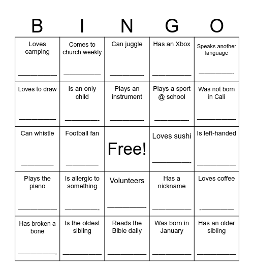 Getting to Know You Bingo Card