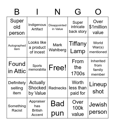 Antiques Roadshow Bingo Card