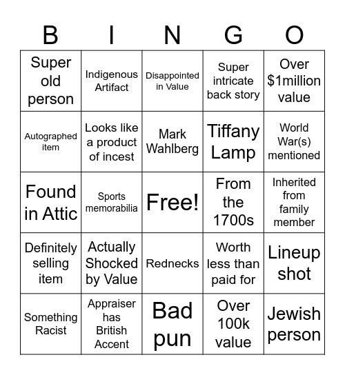Antiques Roadshow Bingo Card