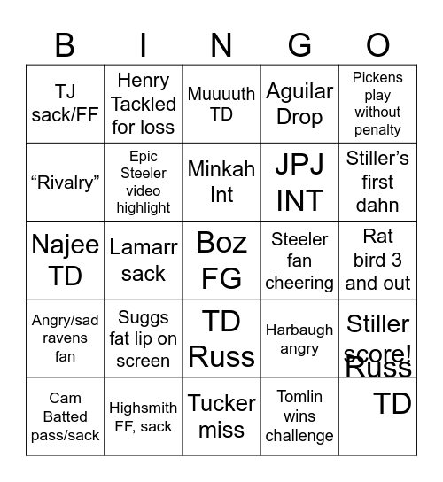 Steeler Ratbirds Wildcard Bingo 2025 Bingo Card