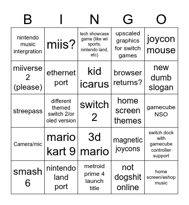 2025 switch 2 Bingo Card