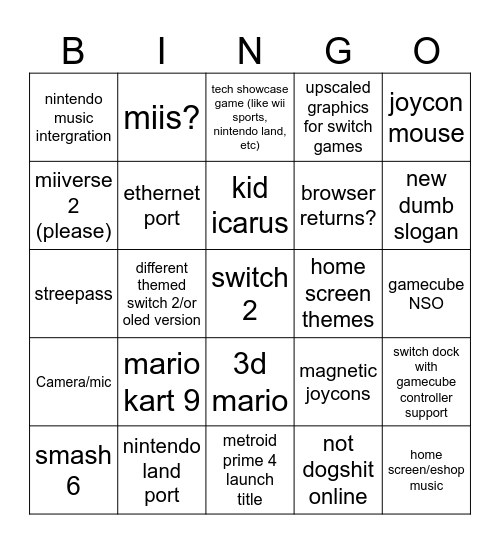 2025 switch 2 Bingo Card