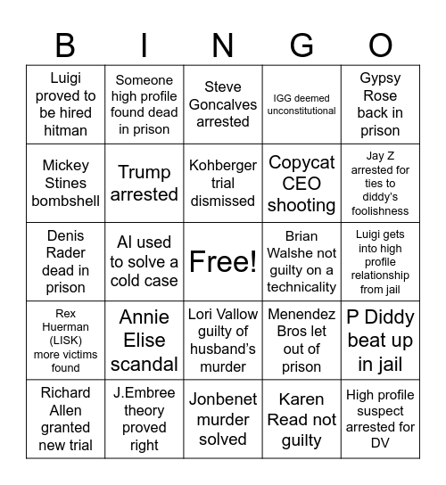 2025 True Crime Bingo Card
