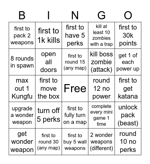 zombies bingo Card