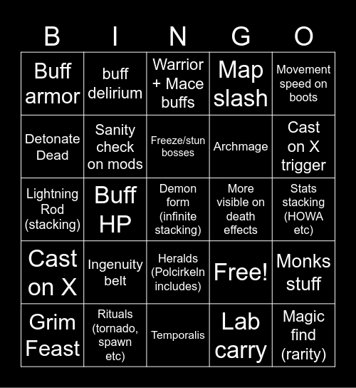 balance POE2 Bingo Card