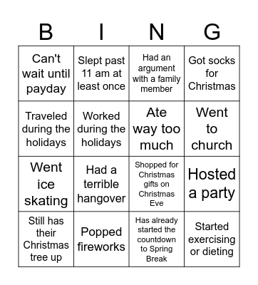 Post Christmas Holiday Bingo Card