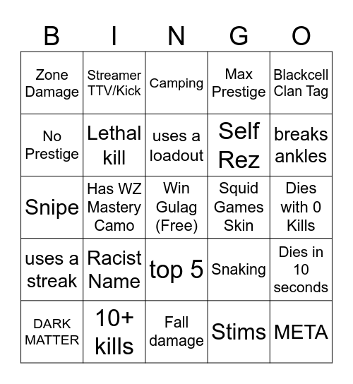 WZ Bingo Card