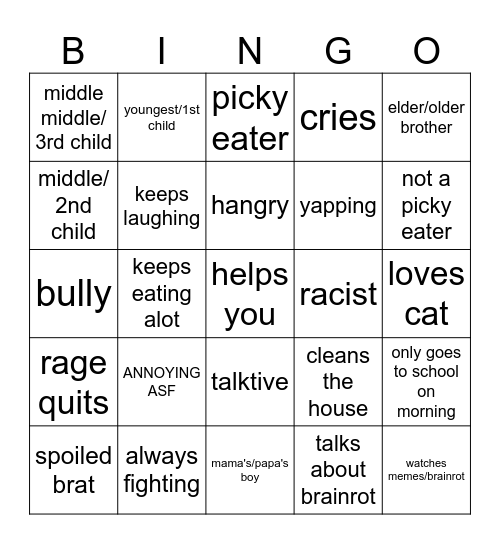 brothers Bingo Card