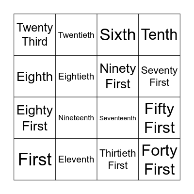 Ordinal Numbers Bingo Card
