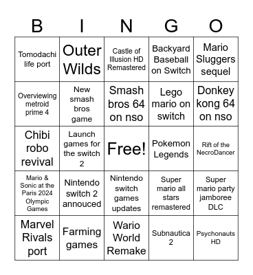 Nintendo Switch Direct Bingo Card