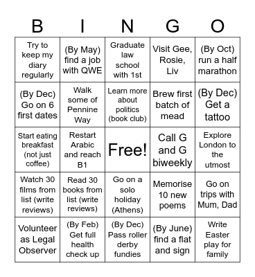2025 Goals Bingo Card