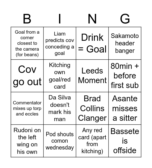 Cov Vs Wednesday Bingo Card