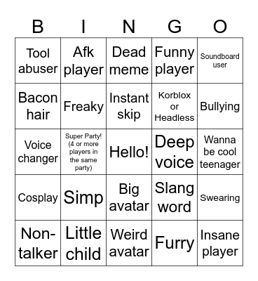 Roblox Neighbors VC Bingo Card