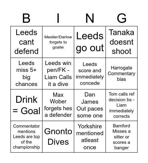 Leeds v Harrogate Bingo Card