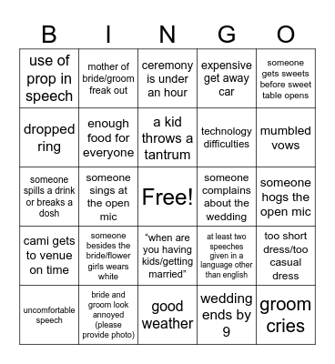 Cami wedding Bingo Card