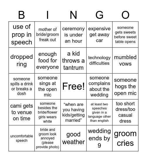Cami wedding Bingo Card