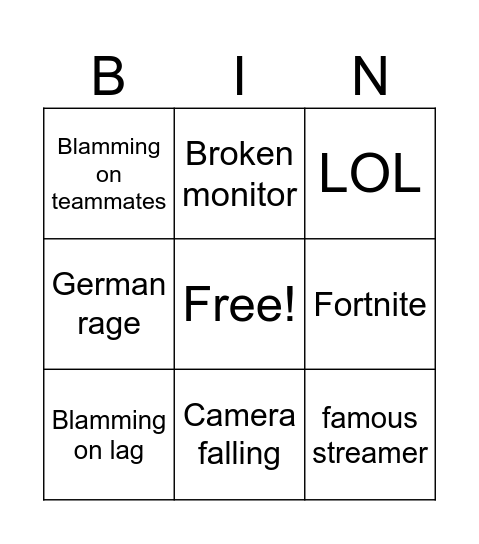 Gamer Rage Bingo Card