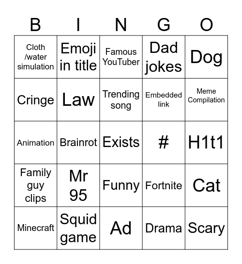 Shorts Bingo Card