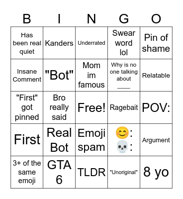 yt comments Bingo Card