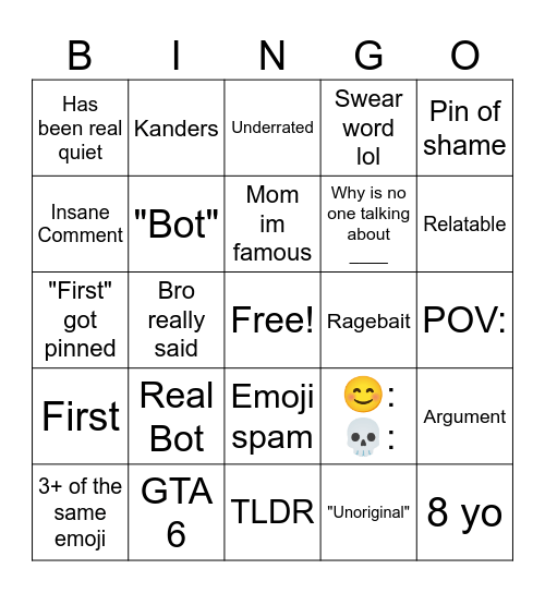 yt comments Bingo Card