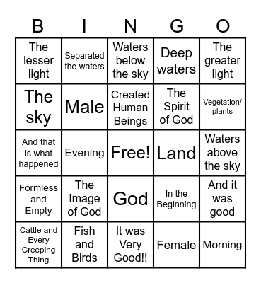 Creation Bingo Card