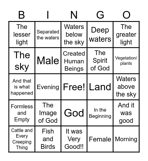 Creation Bingo Card