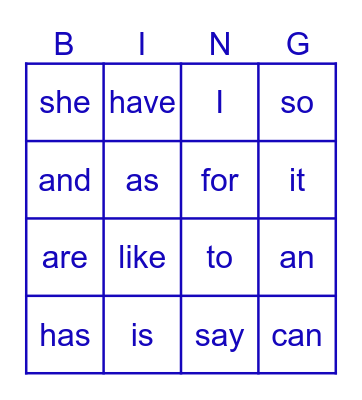 Sight Words Bingo Card