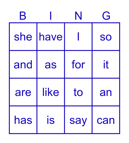 Sight Words Bingo Card