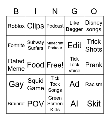 Youtube Shorts Bingo Card