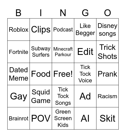 Youtube Shorts Bingo Card