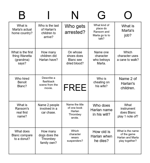 Knives Out Bingo Card