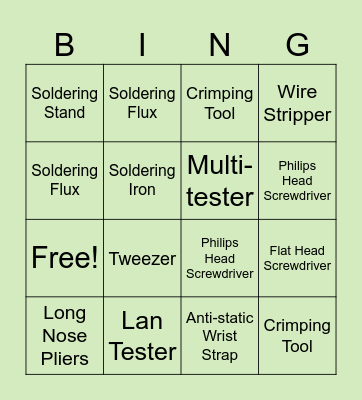 Computer Servicing Hand Tools Bingo Card