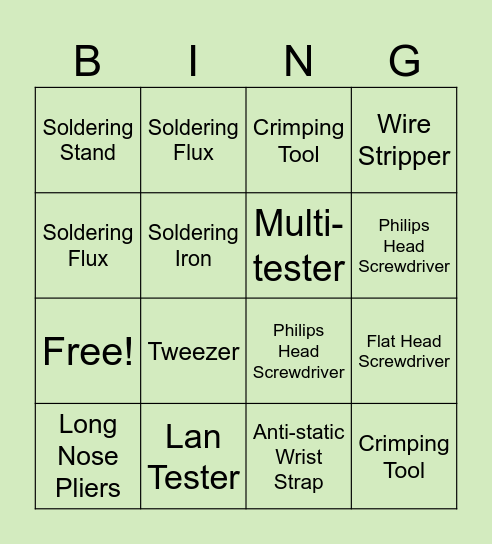 Computer Servicing Hand Tools Bingo Card