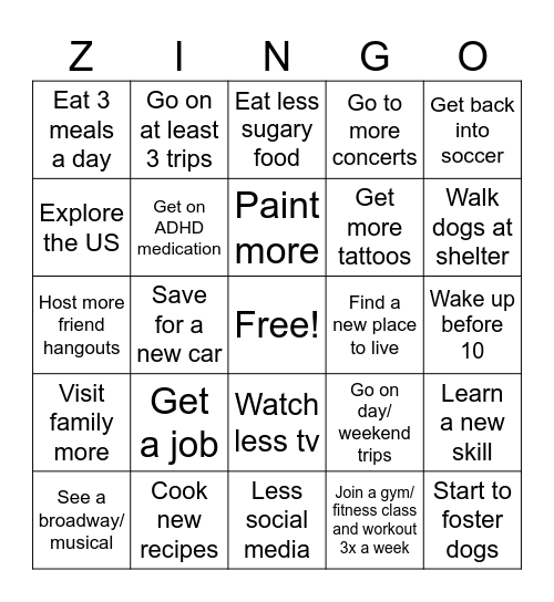 2025 Goals Bingo Card