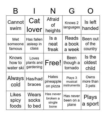 Get to know me BINGO Card