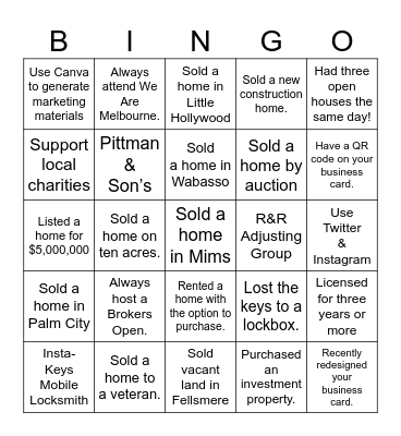 Realtors & Friends Networking Luncheon Bingo Card