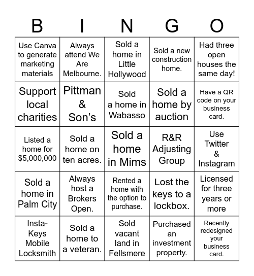 Realtors & Friends Networking Luncheon Bingo Card