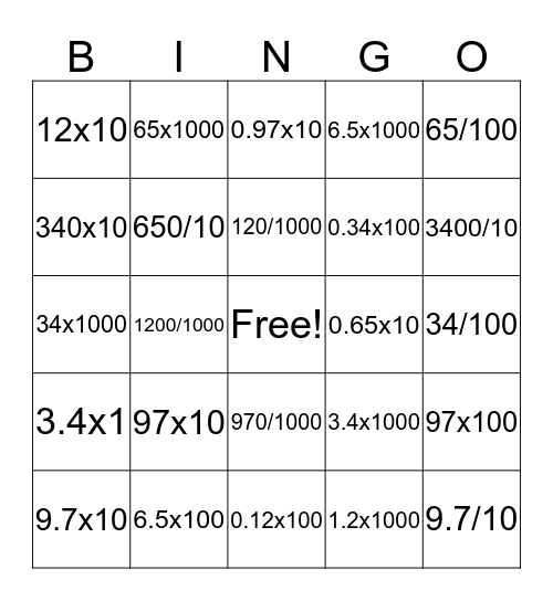 Multiply/Divide By 10/100/1000 Bingo Card